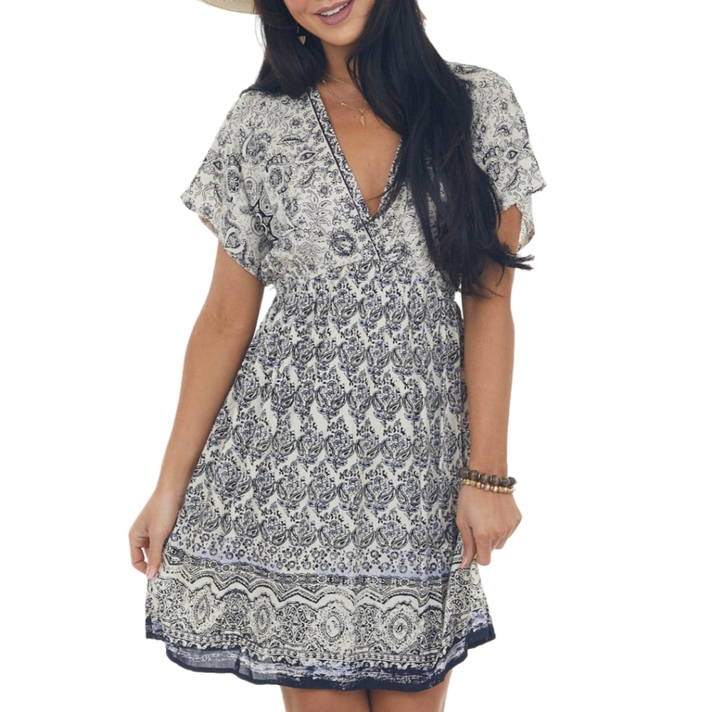 Angie | Ivory Printed V Neck Babydoll Mini Dress | Size Small